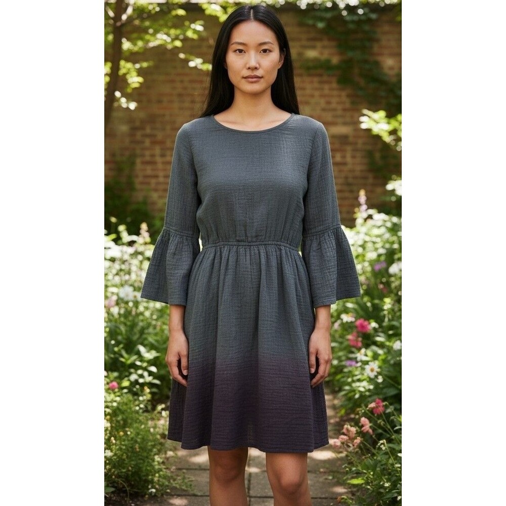 Hyku Fit & Flare Dress Hunter Green Purple Dip Dye Gauze Raw Edges Womens Size S